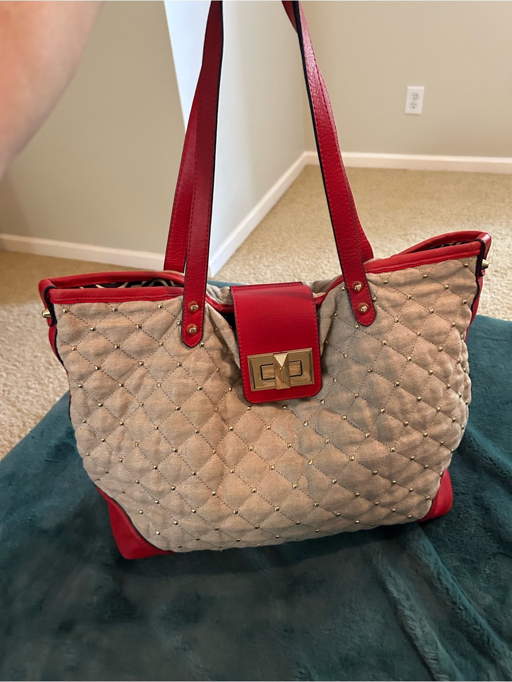 Juicy Couture Quilted Beige and Red Tote Handbag
